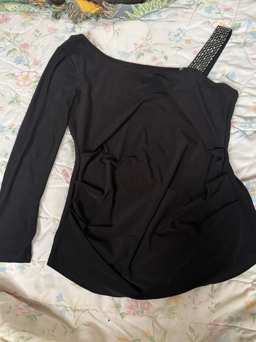 Black One-Shoulder Long Sleeve Top with Embellished Strap